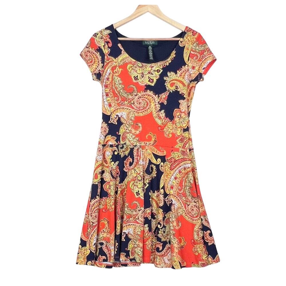 Ralph Lauren Jersey Paisley Orange Navy Blue Fit and Flare Dress Petite Small - Picture 2 of 9
